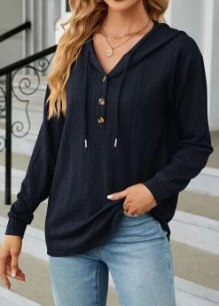 Navy Button Long Sleeve Drawstring Hoodie