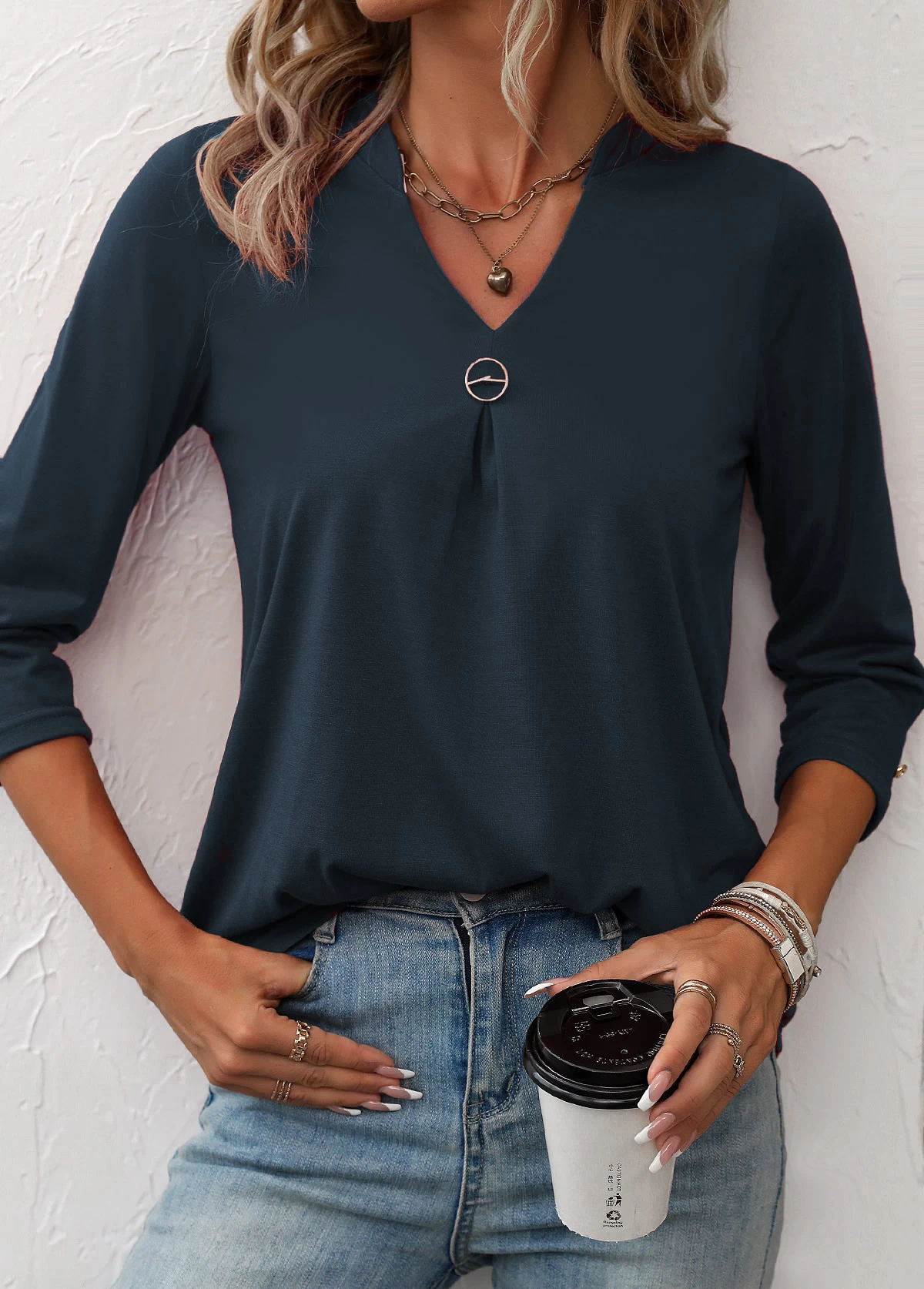 Split Neck Navy Circular Ring T Shirt - Image 4