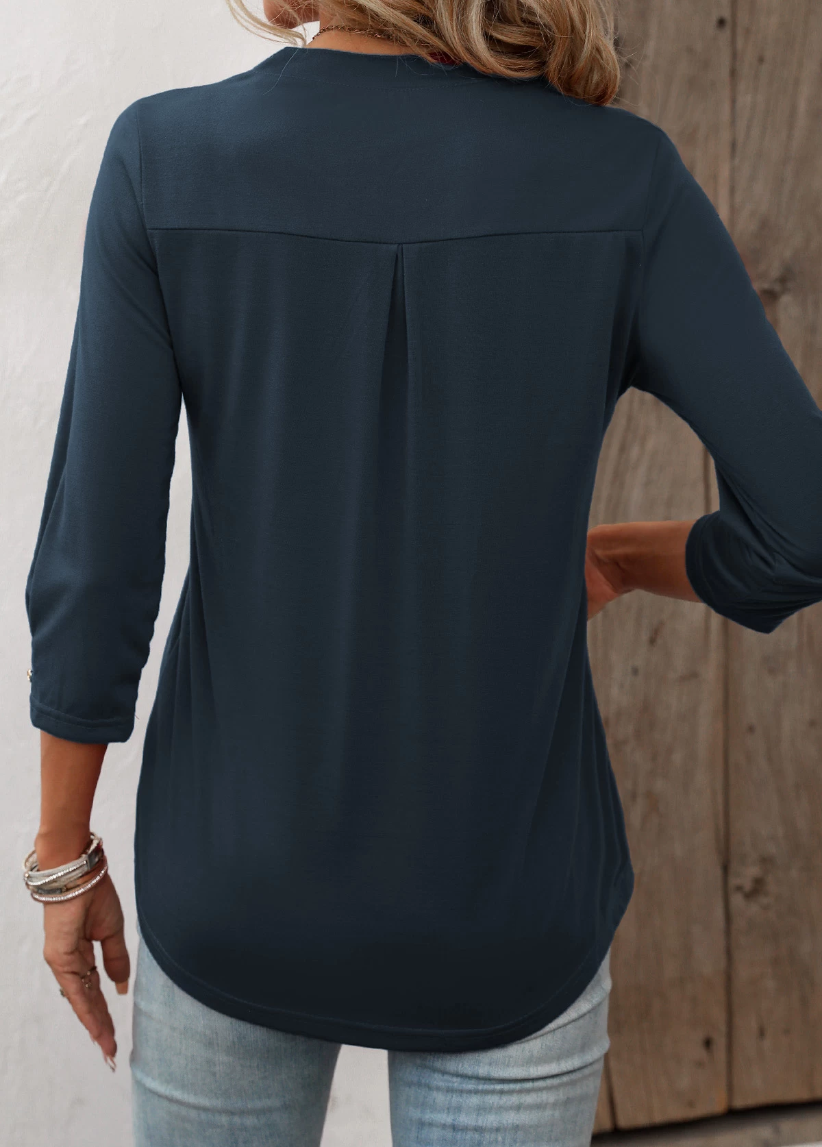 Split Neck Navy Circular Ring T Shirt - Image 2