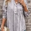 Light Grey Pocket Striped Long Sleeve Blouse