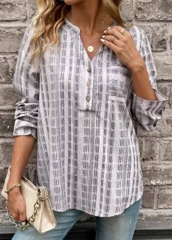 Light Grey Pocket Striped Long Sleeve Blouse
