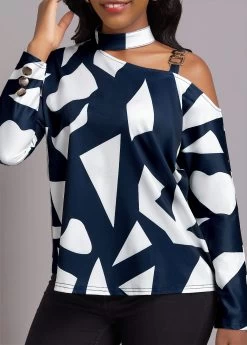 Navy Chain Geometric Print Long Sleeve Blouse
