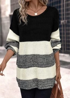 Dark Grey Weave Long Sleeve Round Neck Sweater