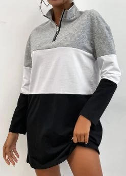 Grey Zipper Long Sleeve Stand Collar Sweatshirt