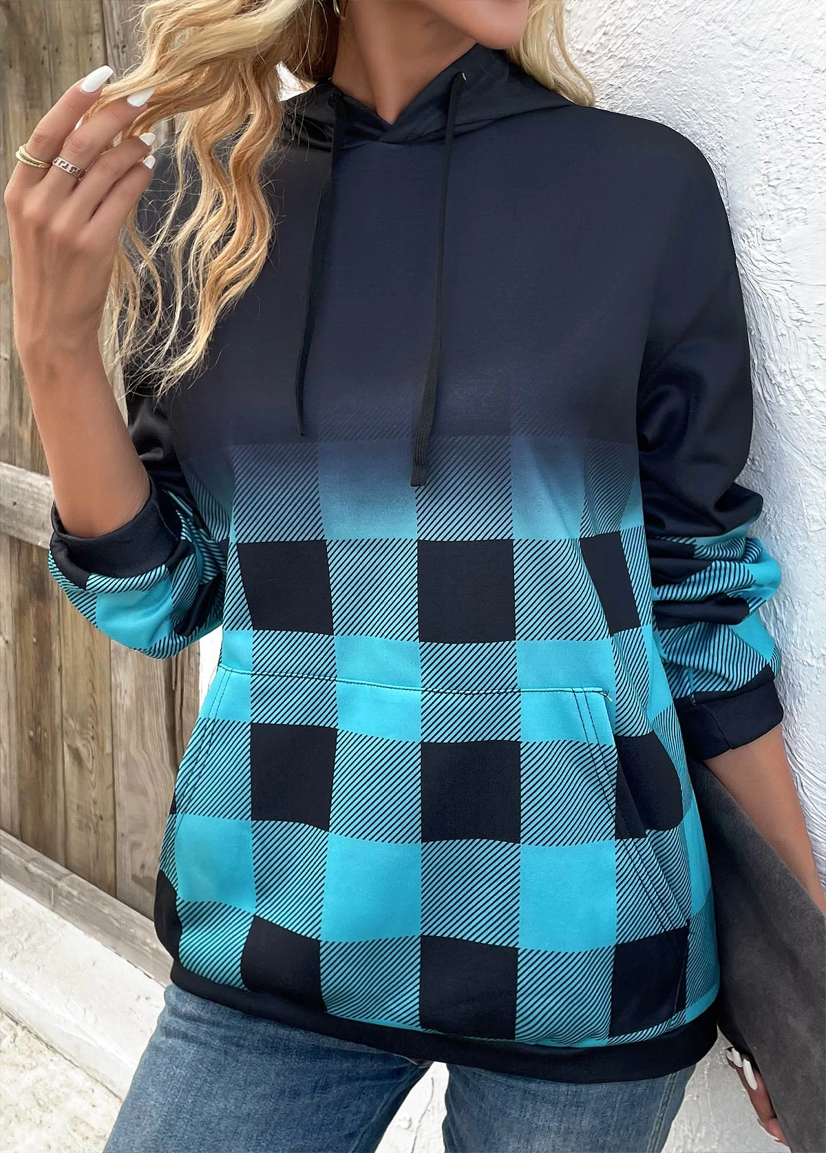 Blue Drawstring Plaid Long Sleeve Hoodie - Image 4
