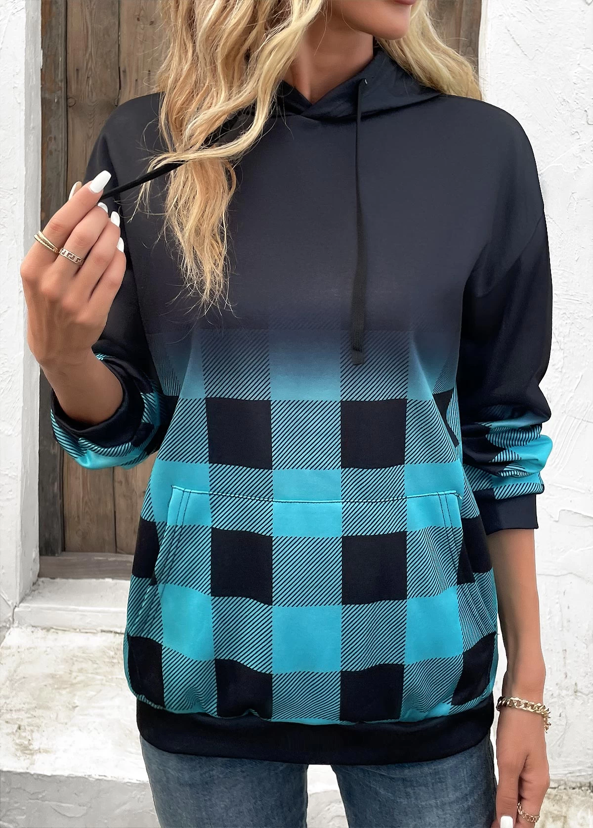 Blue Drawstring Plaid Long Sleeve Hoodie - Image 6