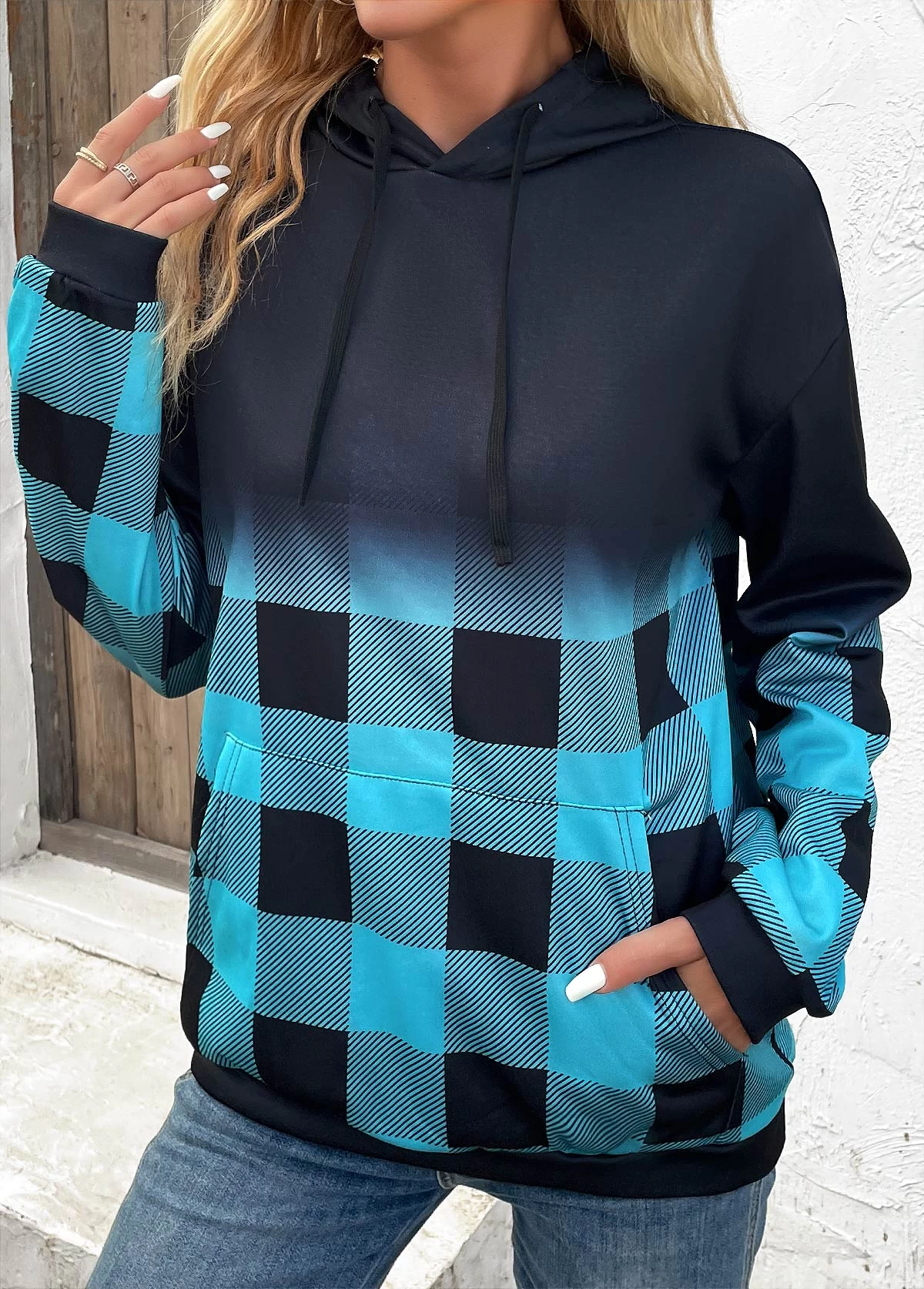 Blue Drawstring Plaid Long Sleeve Hoodie - Image 3