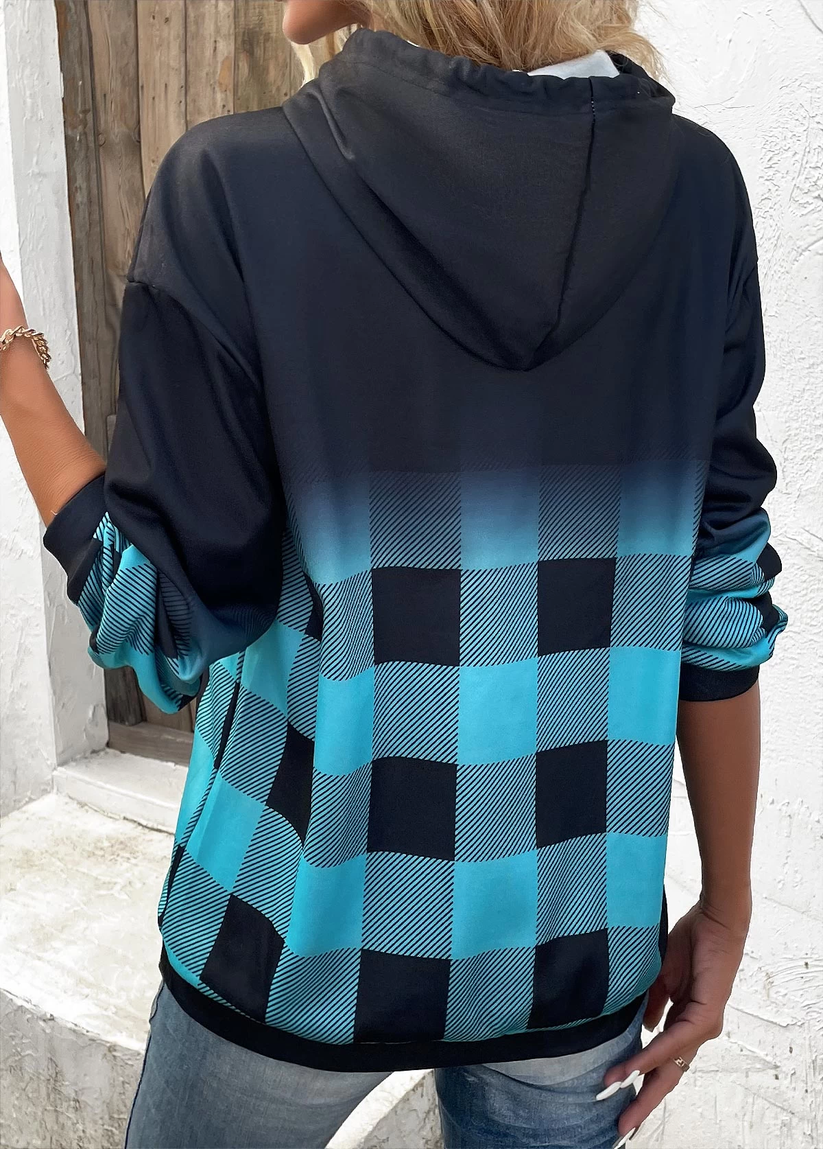 Blue Drawstring Plaid Long Sleeve Hoodie - Image 2