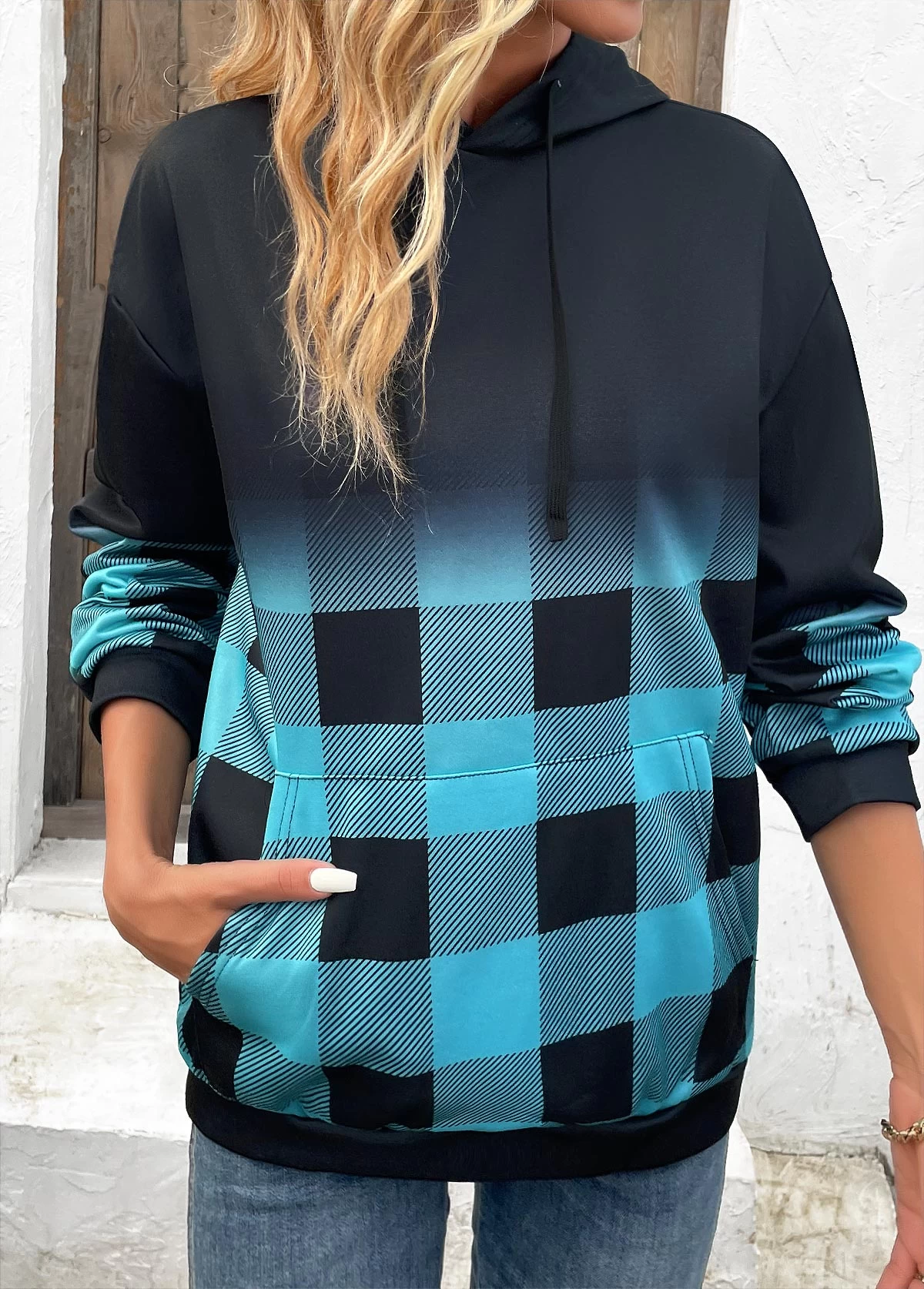 Blue Drawstring Plaid Long Sleeve Hoodie - Image 5