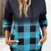 Blue Drawstring Plaid Long Sleeve Hoodie