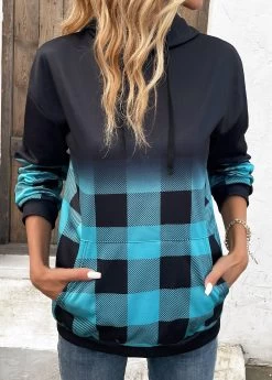 Blue Drawstring Plaid Long Sleeve Hoodie