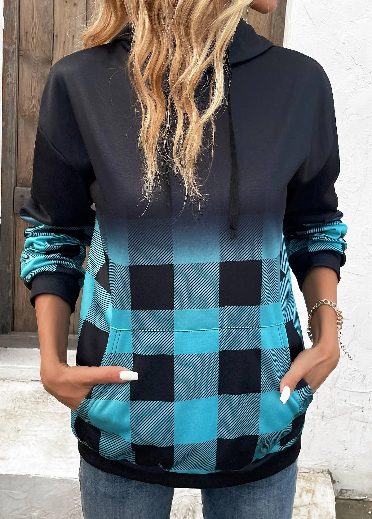 Blue Drawstring Plaid Long Sleeve Hoodie