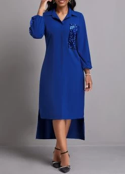 Patchwork Blue Button High Low Dress