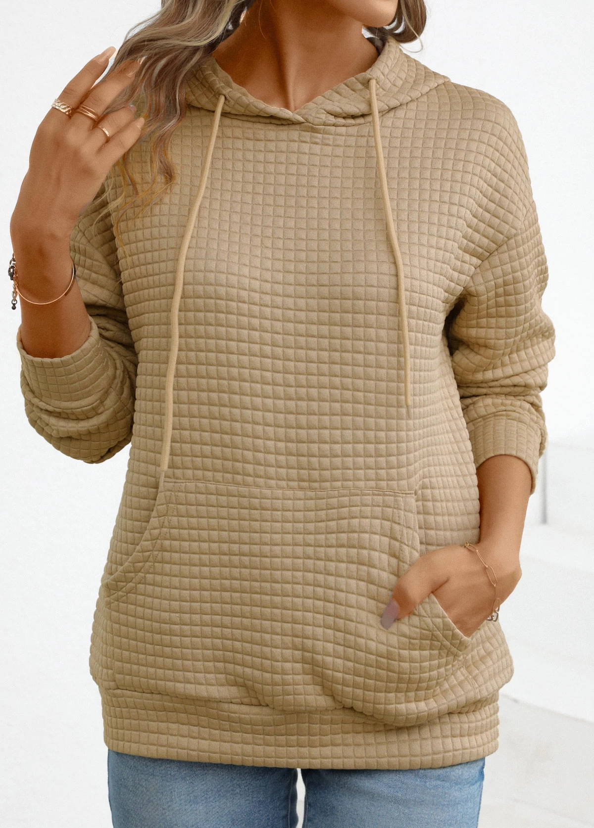 Light Camel Pocket Long Sleeve Hoodie - Image 3