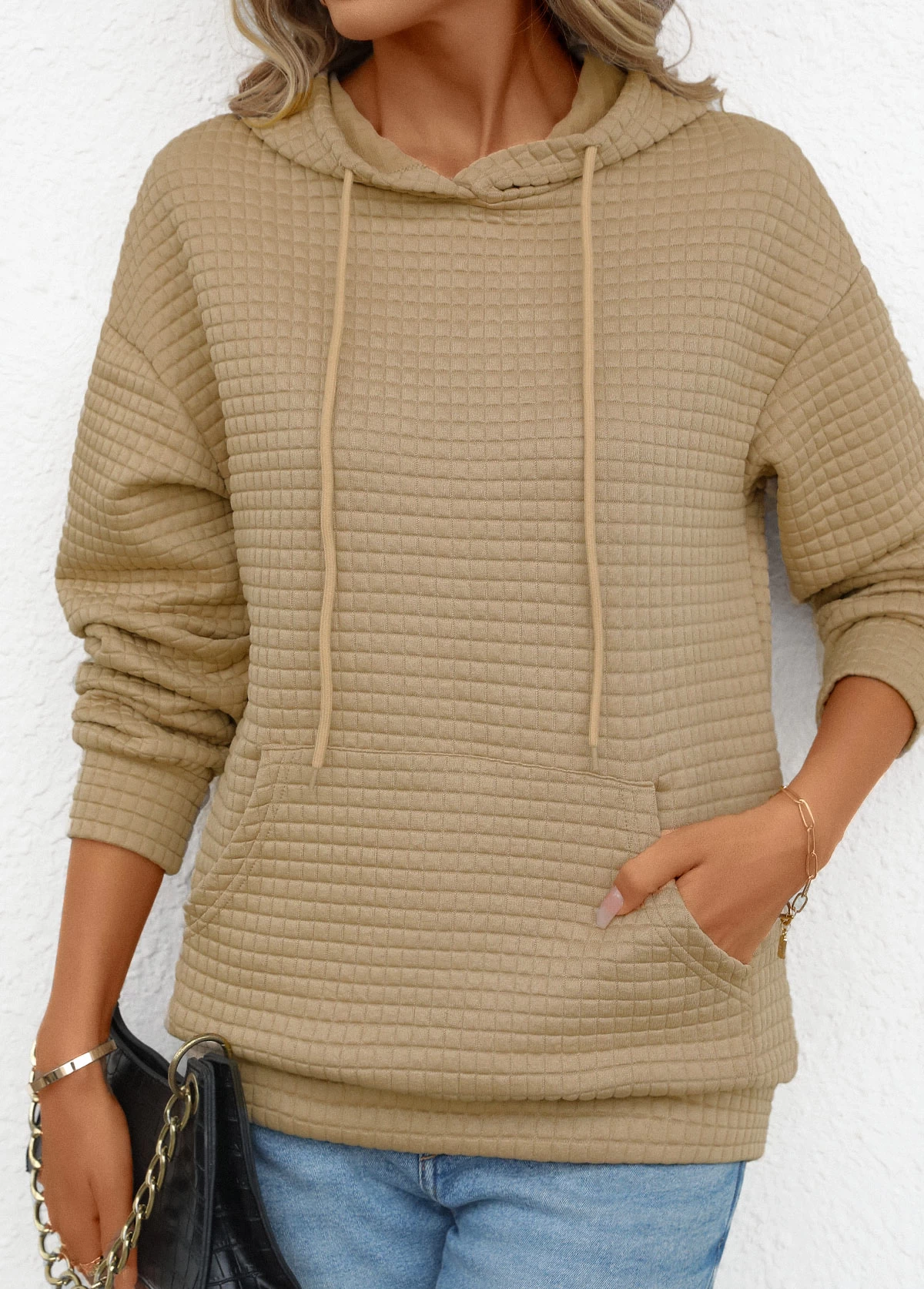 Light Camel Pocket Long Sleeve Hoodie - Image 5