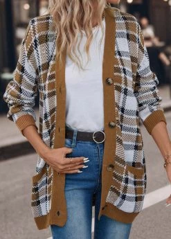 Dark Camel Pocket Plaid Long Sleeve Cardigan