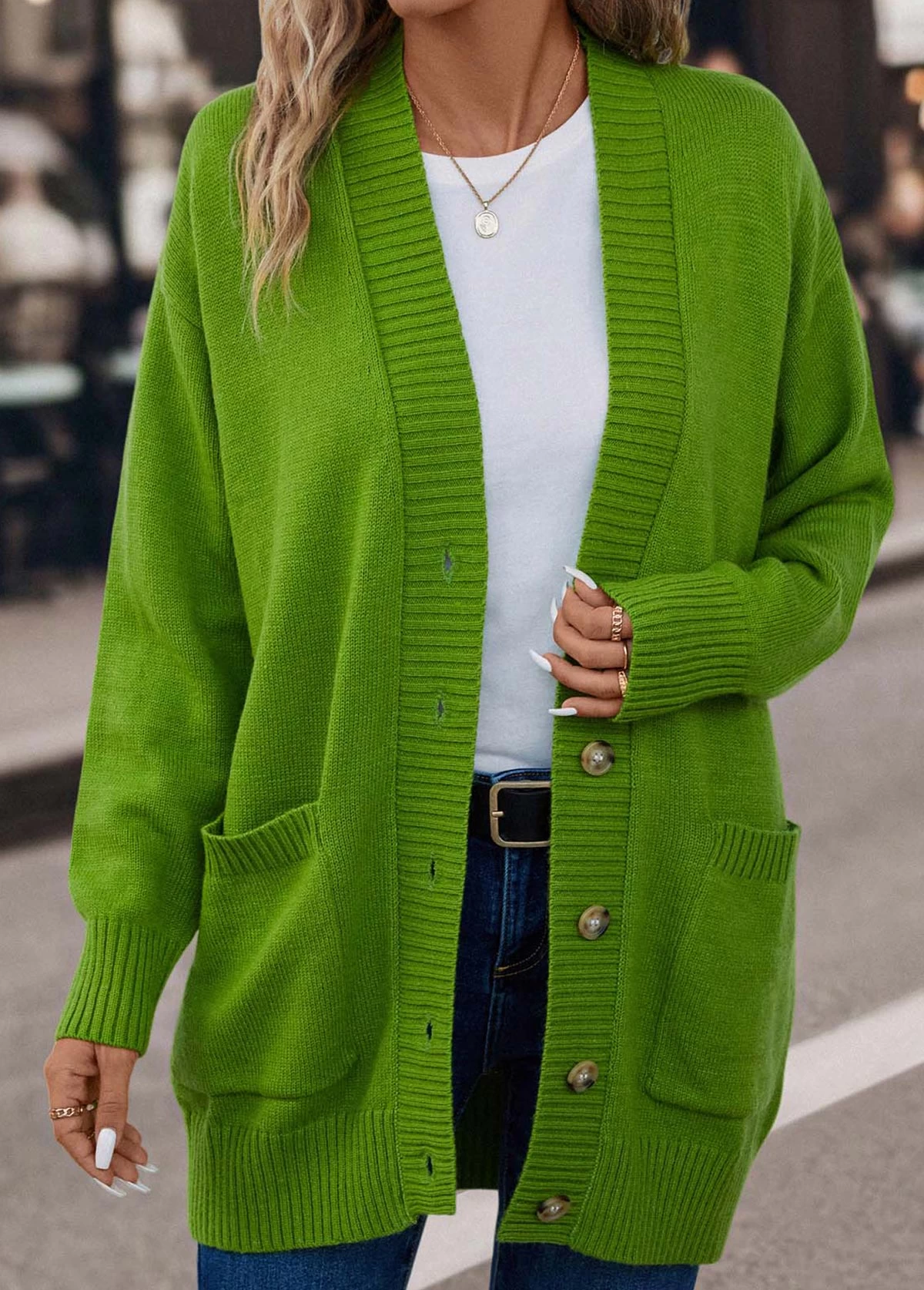 Grass Green Pocket Long Sleeve V Neck Cardigan - Image 6