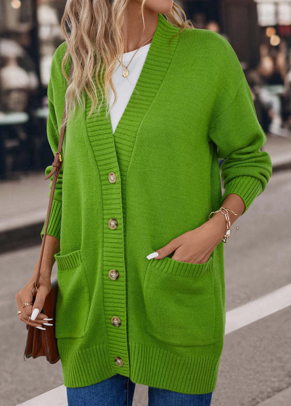 Grass Green Pocket Long Sleeve V Neck Cardigan - Image 3