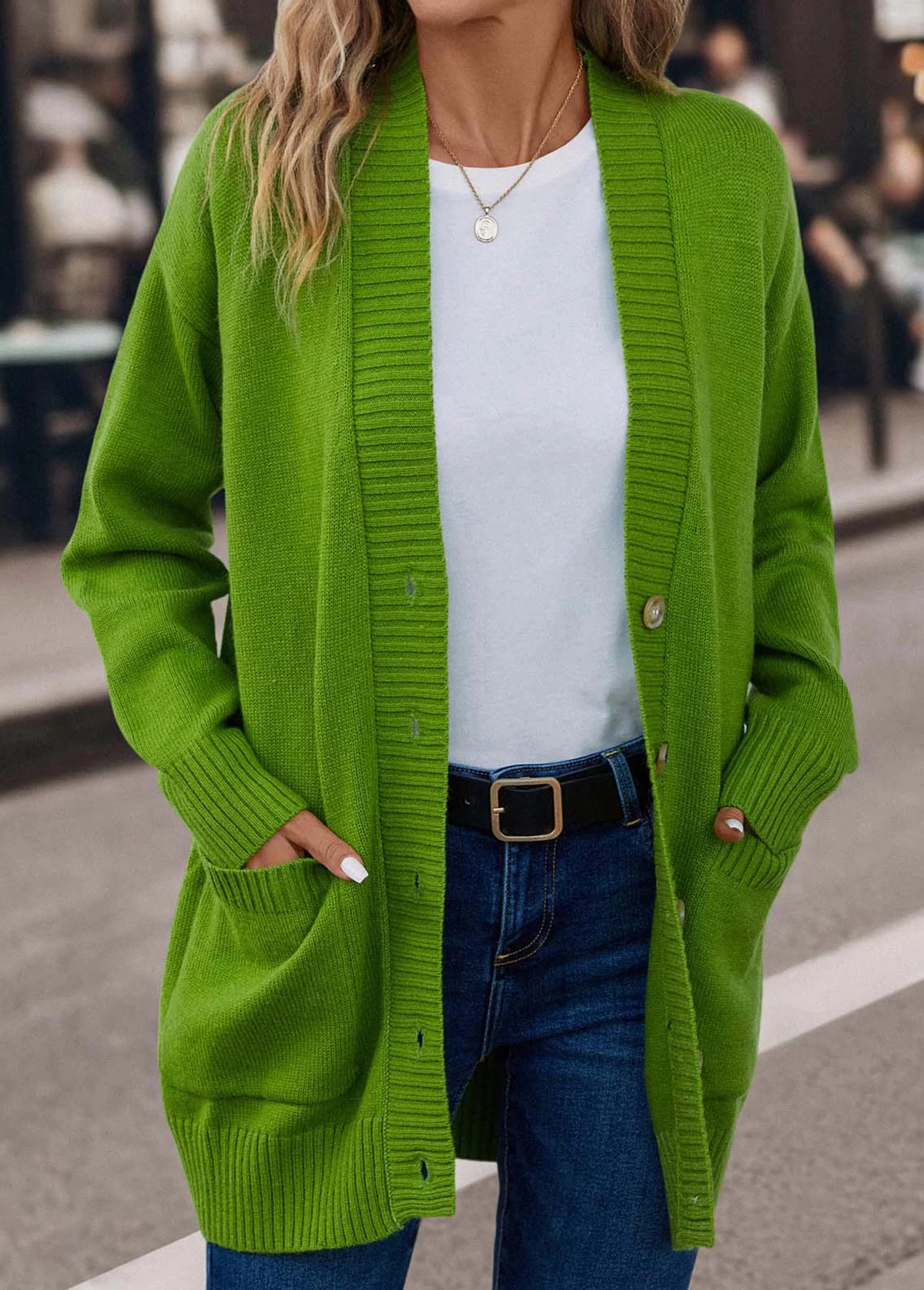 Grass Green Pocket Long Sleeve V Neck Cardigan - Image 5