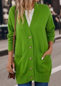 Grass Green Pocket Long Sleeve V Neck Cardigan