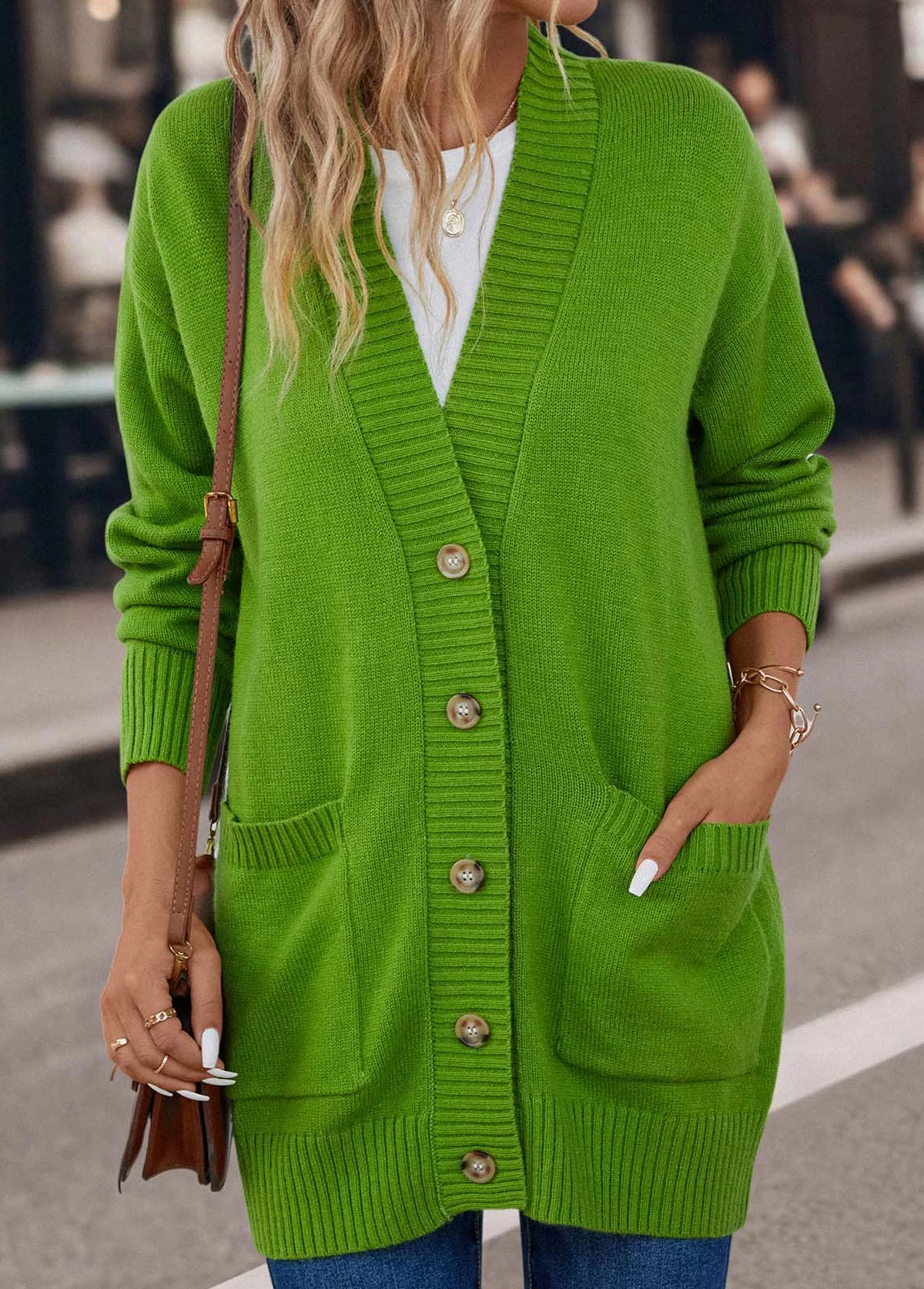 Grass Green Pocket Long Sleeve V Neck Cardigan