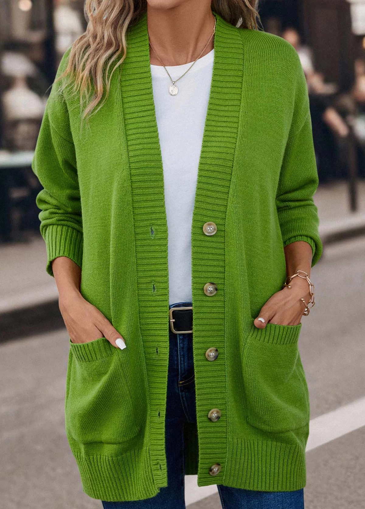 Grass Green Pocket Long Sleeve V Neck Cardigan - Image 4