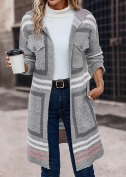 Grey Pocket Geometric Print Long Sleeve Hooded Cardigan