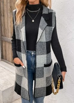Black Friday Pocket Plaid Sleeveless Lapel Waistcoat
