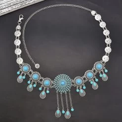 Cyan Round Tassel Design Hollow Belt