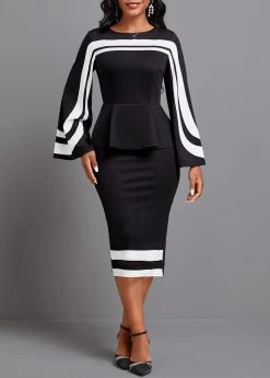 Black Patchwork Geometric Print Long Sleeve Dress