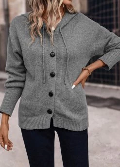 Dark Grey Button Long Sleeve Hooded Cardigan
