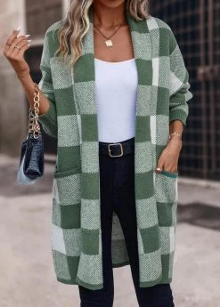 Green Pocket Plaid Long Sleeve Cardigan