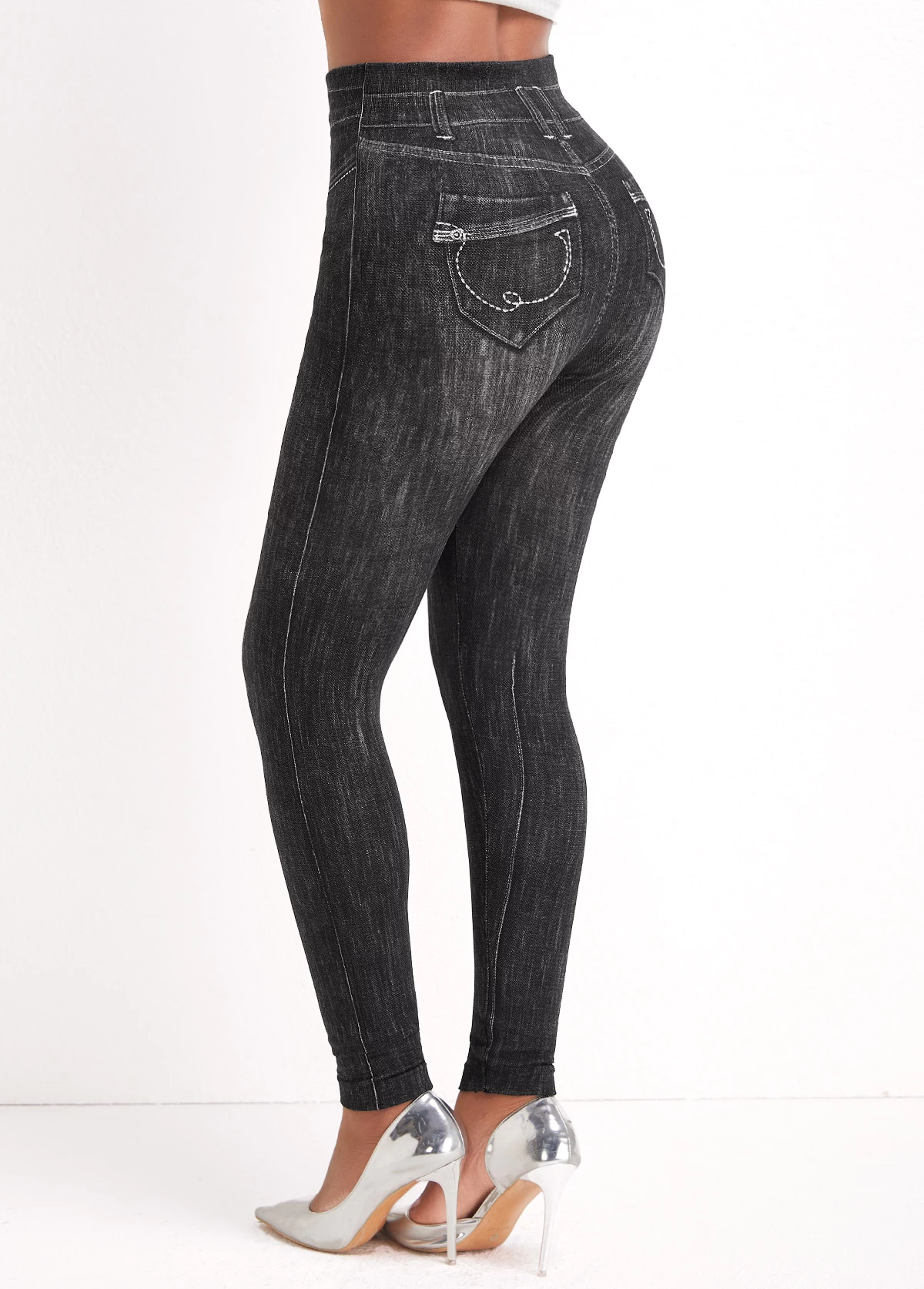 Black High Waisted Ankle Length Elastic Waist Leggings - Image 3