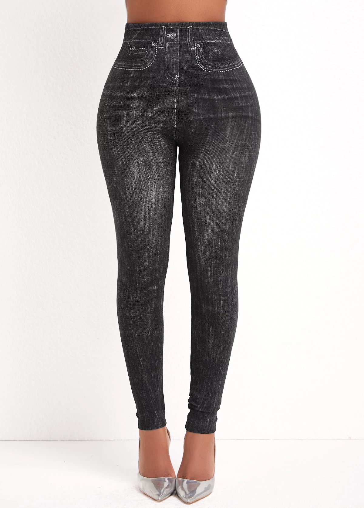 Black High Waisted Ankle Length Elastic Waist Leggings - Image 2