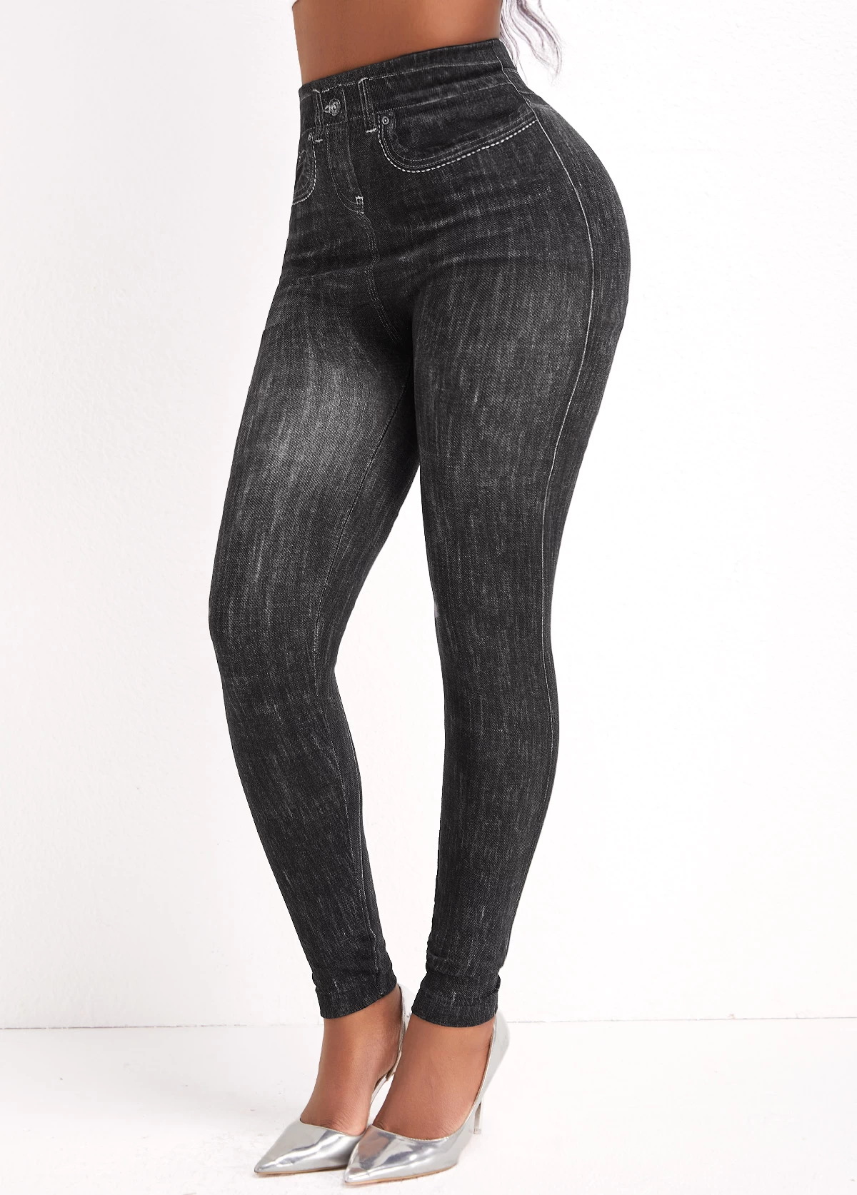 Black High Waisted Ankle Length Elastic Waist Leggings - Image 4