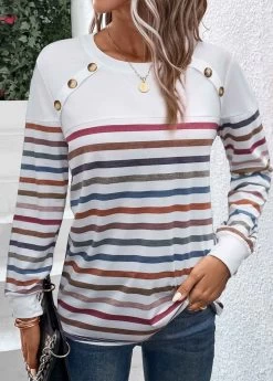 White Patchwork Striped Long Sleeve T Shirt