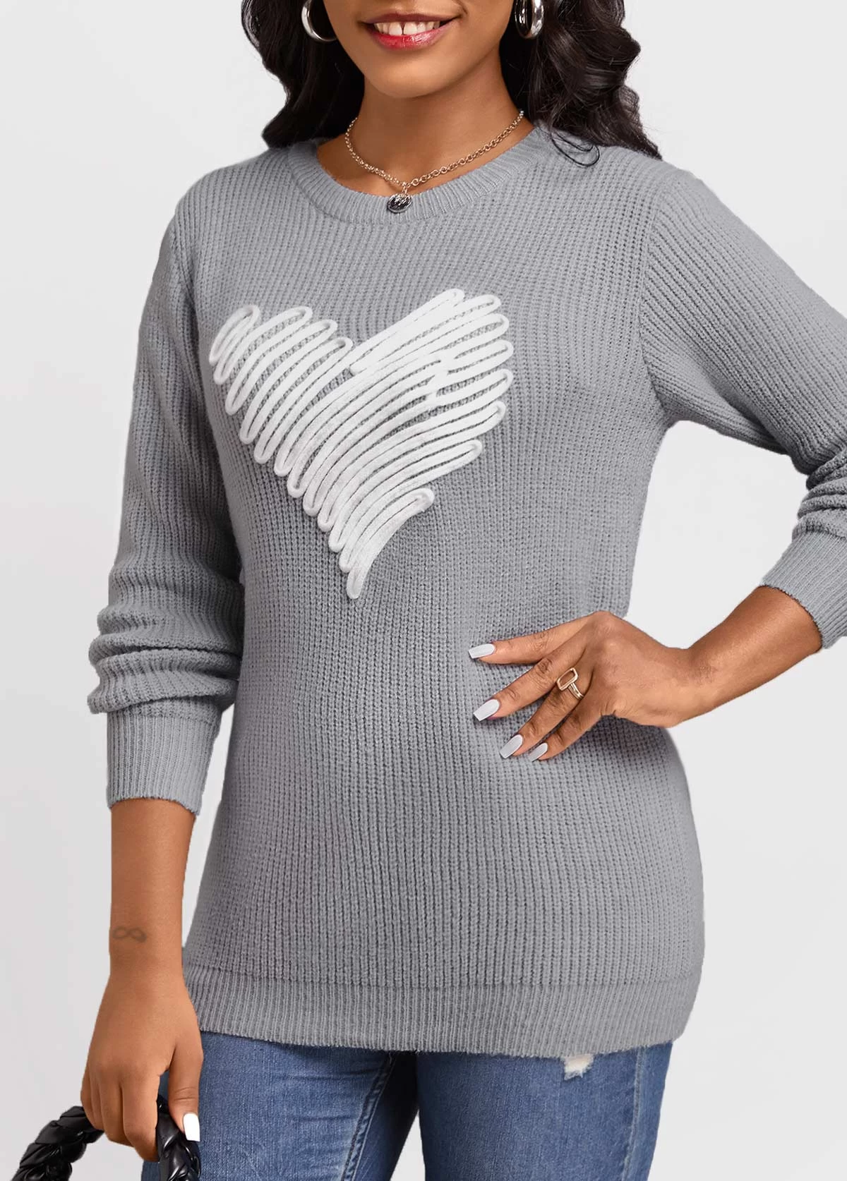 Grey Patchwork Long Sleeve Round Neck Sweater - Image 3