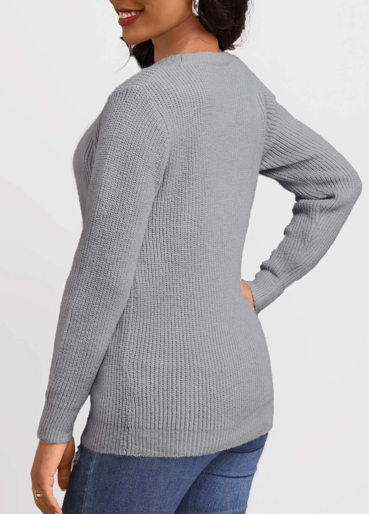Grey Patchwork Long Sleeve Round Neck Sweater - Image 2