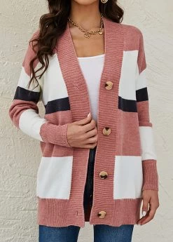 Pink Button Striped Long Sleeve Cardigan