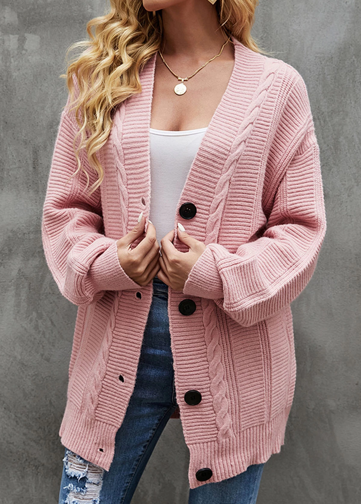 Light Pink Button Long Sleeve Cardigan - Image 3