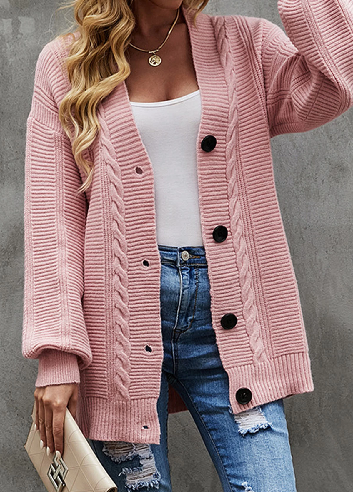 Light Pink Button Long Sleeve Cardigan - Image 4