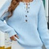Light Blue Button Long Sleeve Split Neck Sweater