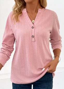 Pink Button Long Sleeve Split Neck Blouse