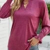 Hot Pink Smocked Long Sleeve Split Neck T Shirt