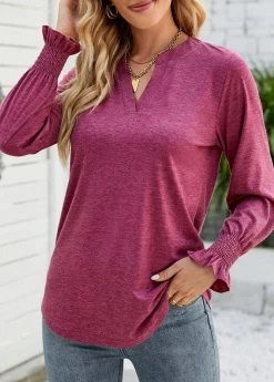 Hot Pink Smocked Long Sleeve Split Neck T Shirt