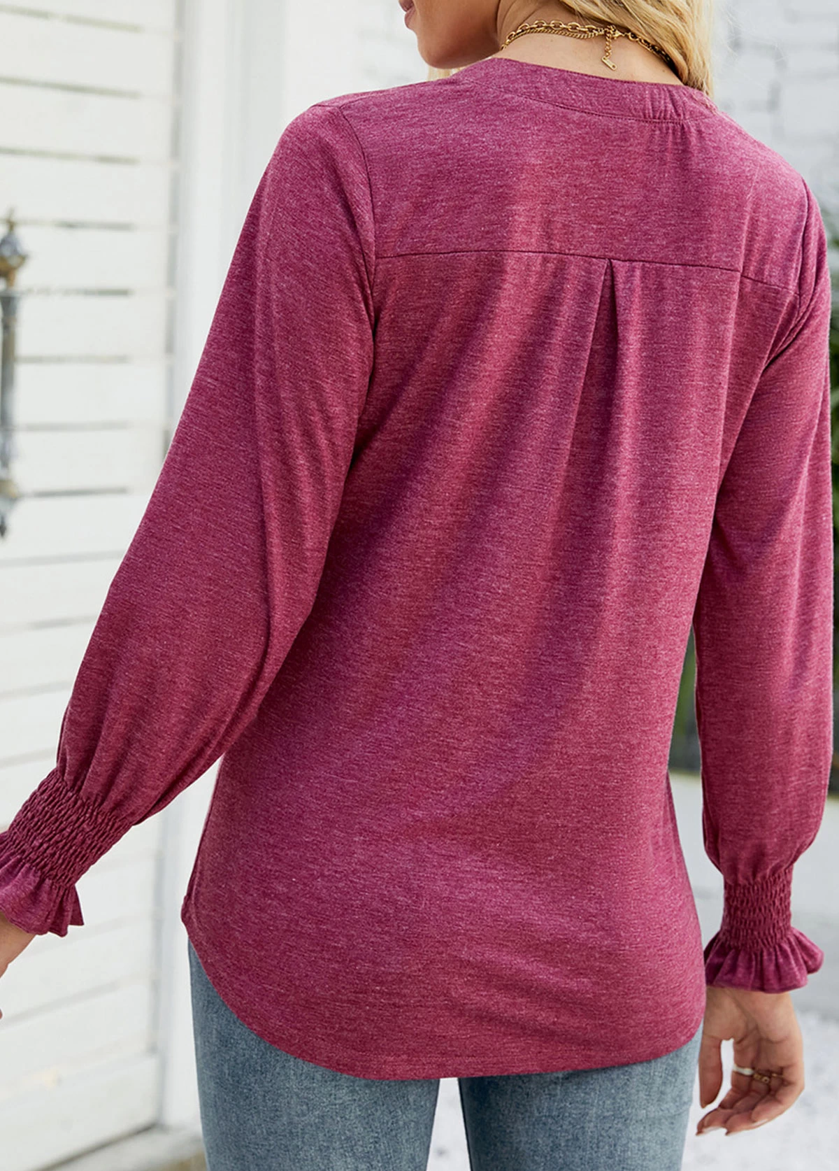 Hot Pink Smocked Long Sleeve Split Neck T Shirt - Image 2