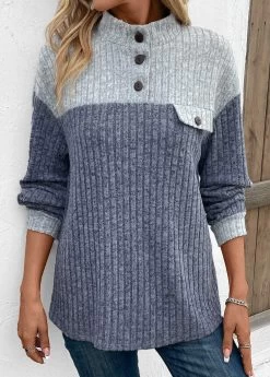 Dusty Blue Patchwork Long Sleeve Stand Collar Sweatshirt