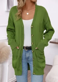 Green Pocket Long Sleeve V Neck Cardigan