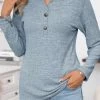 Blue Button Long Sleeve Split Neck T Shirt