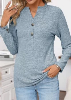 Blue Button Long Sleeve Split Neck T Shirt